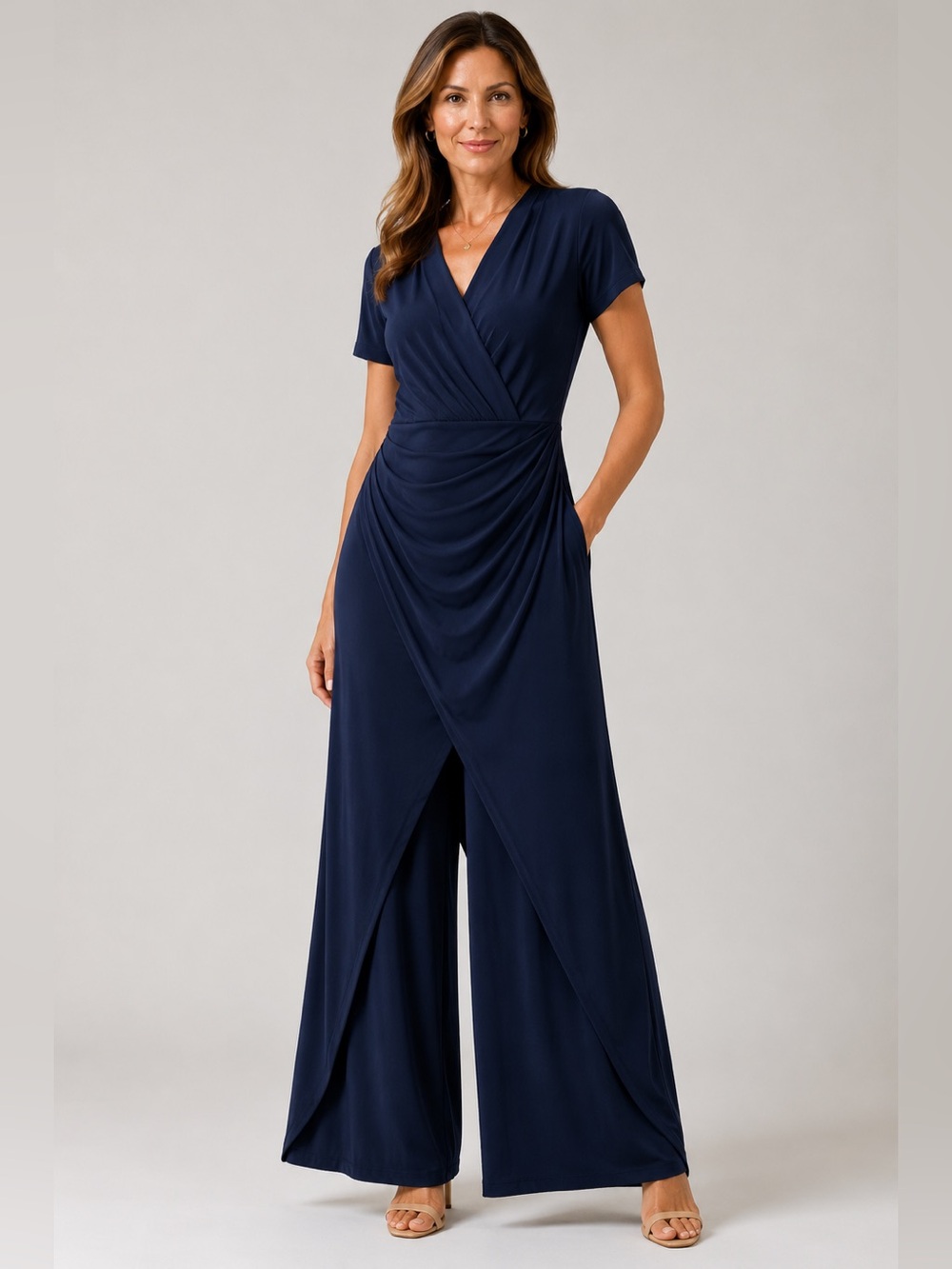 Joseph Ribkoff Size 10 Navy Draped Overlay Wide Leg Jumpsuit